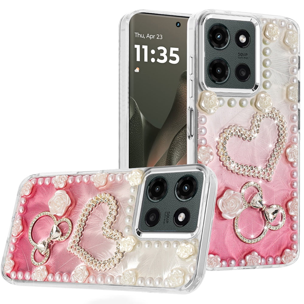For Motorola Edge 2025 Case Floral and Faux Pearl Trim with 3D Bling Charms