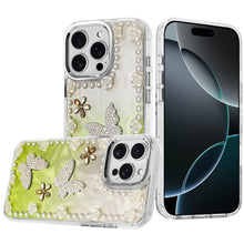 For iPhone 16 PRO MAX Case Floral Faux Pearl Trim w/ 3D Charms + Tempered Glass