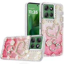For Moto G Power 2025 Case Floral Faux Pearl Trim w/ 3D Charms + Tempered Glass