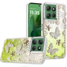 For Moto G Power 2025 Case Floral Faux Pearl Trim w/ 3D Charms + Tempered Glass