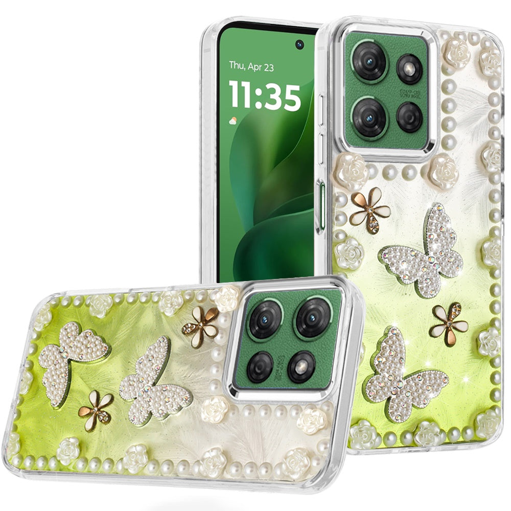For Moto G Power 2025 Case Floral Faux Pearl Trim w/ 3D Charms + Tempered Glass