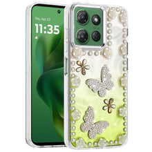 For Moto G Power 2025 Case Floral Faux Pearl Trim w/ 3D Charms + Tempered Glass
