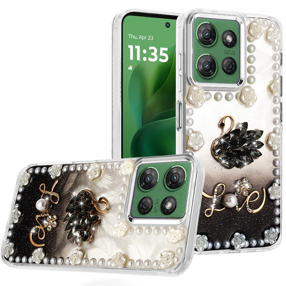 For Moto G Power 2025 Case Floral Faux Pearl Trim w/ 3D Charms + Tempered Glass