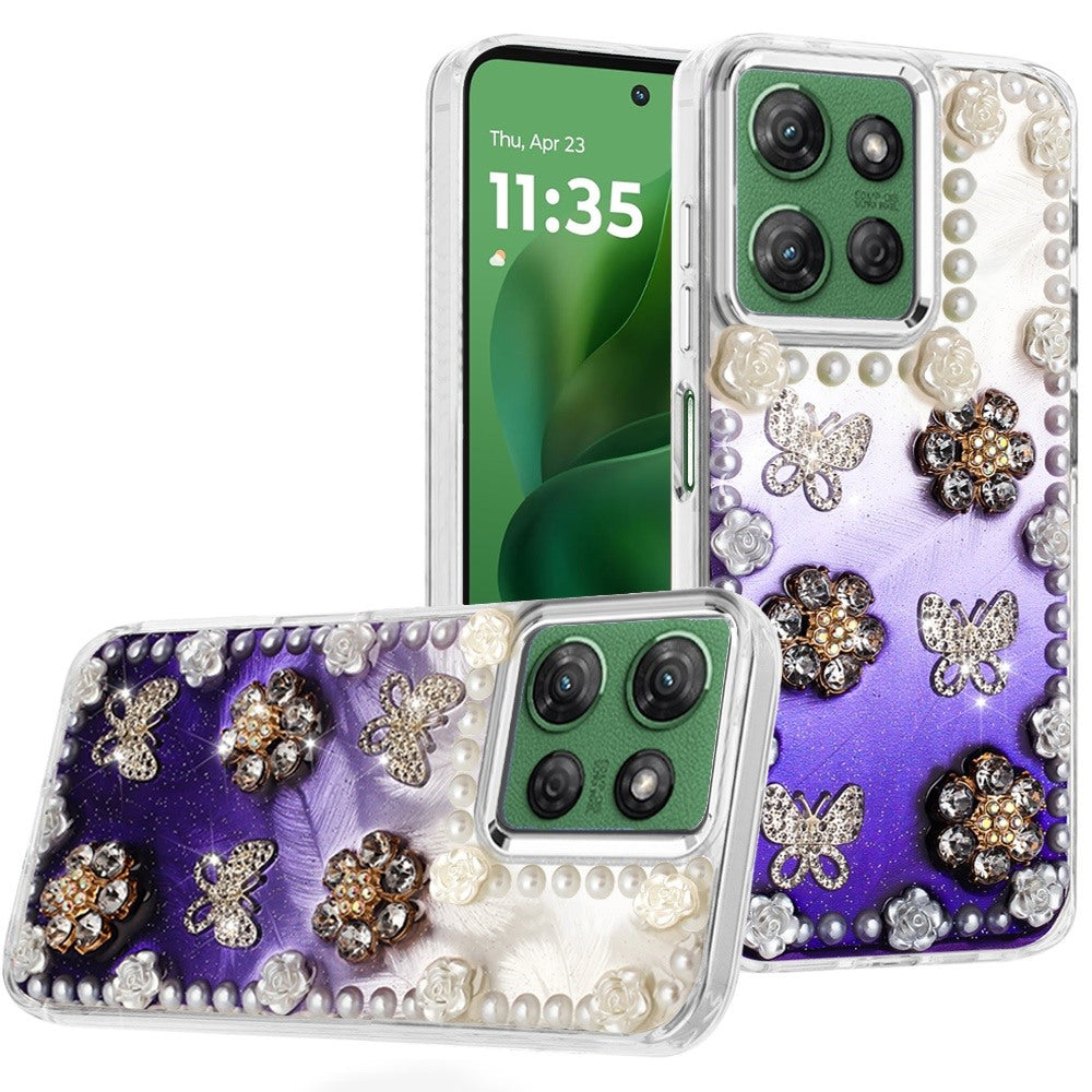 For Moto G Power 2025 Case Floral Faux Pearl Trim w/ 3D Charms + Tempered Glass