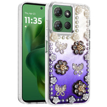 For Moto G Power 2025 Case Floral Faux Pearl Trim w/ 3D Charms + Tempered Glass