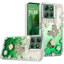 For Moto G Power 2025 Case Floral Faux Pearl Trim w/ 3D Charms + Tempered Glass