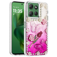 For Moto G Power 2025 Case Floral Faux Pearl Trim w/ 3D Charms + Tempered Glass