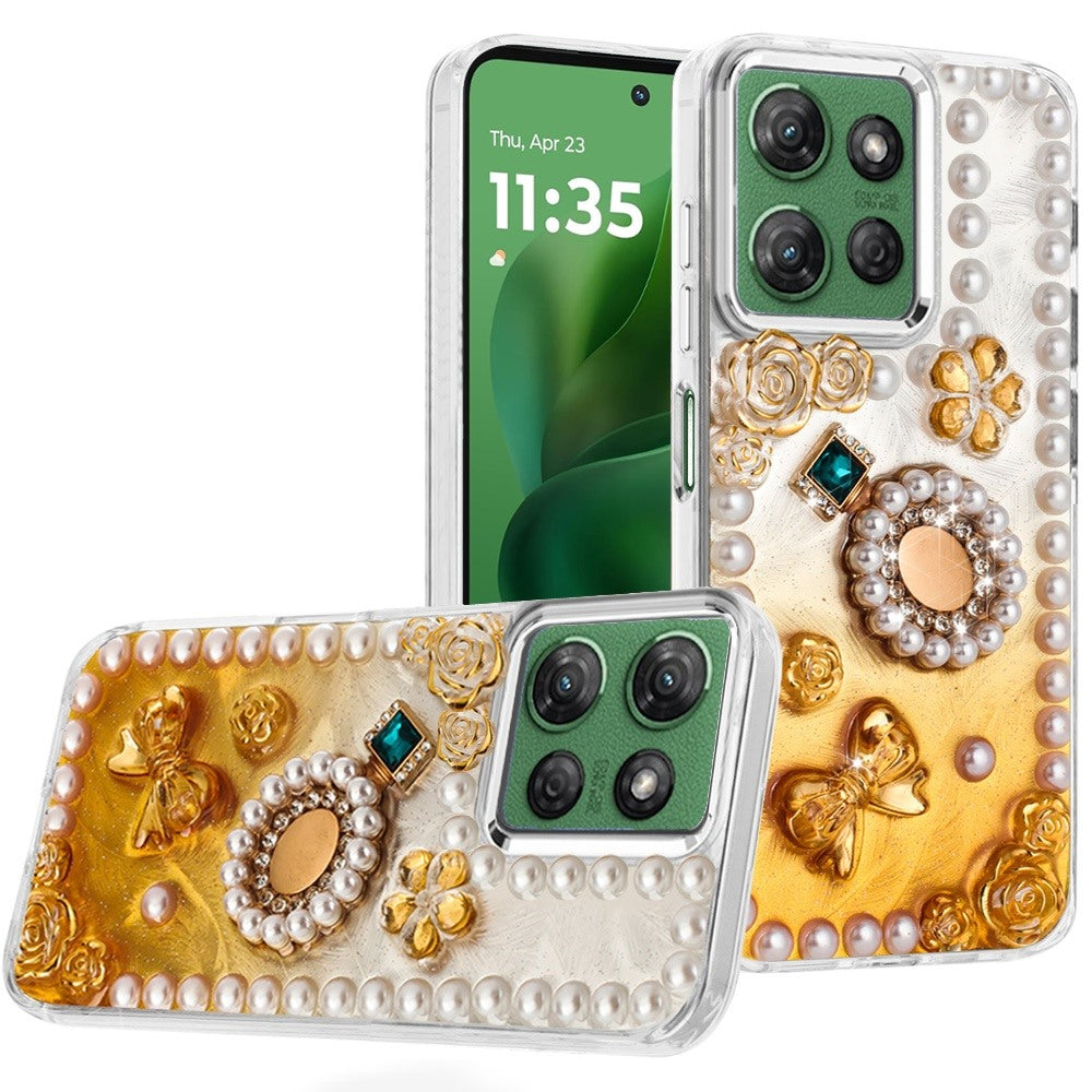 For Moto G Power 2025 Case Floral Faux Pearl Trim w/ 3D Charms + Tempered Glass