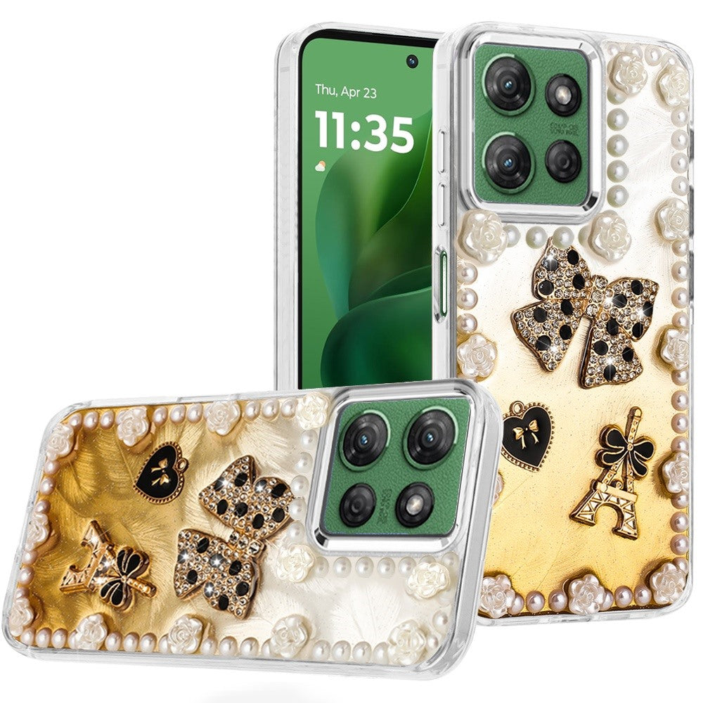 For Moto G Power 2025 Case Floral Faux Pearl Trim w/ 3D Charms + Tempered Glass