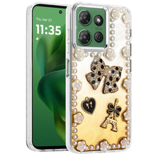 For Moto G Power 2025 Case Floral Faux Pearl Trim w/ 3D Charms + Tempered Glass