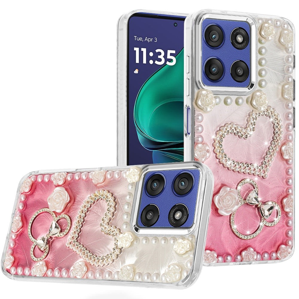 For Moto G Stylus 2025 Case Floral Faux Pearl Trim w/ 3D Charms + Tempered Glass