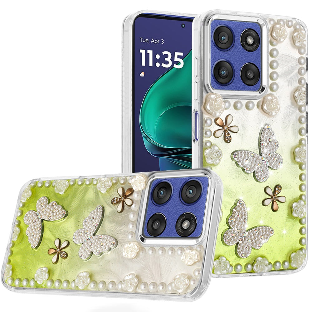 For Moto G Stylus 2025 Case Floral Faux Pearl Trim w/ 3D Charms + Tempered Glass