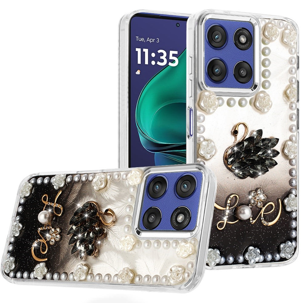 For Moto G Stylus 2025 Case Floral Faux Pearl Trim w/ 3D Charms + Tempered Glass