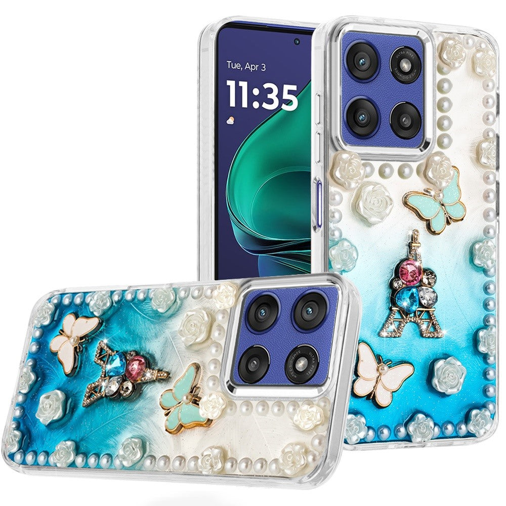 For Moto G Stylus 2025 Case Floral Faux Pearl Trim w/ 3D Charms + Tempered Glass