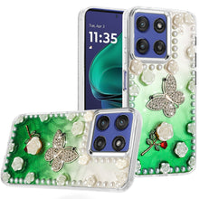 For Moto G Stylus 2025 Case Floral Faux Pearl Trim w/ 3D Charms + Tempered Glass