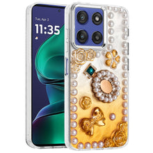 For Moto G Stylus 2025 Case Floral Faux Pearl Trim w/ 3D Charms + Tempered Glass