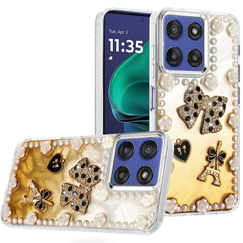 For Moto G Stylus 2025 Case Floral Faux Pearl Trim w/ 3D Charms + Tempered Glass