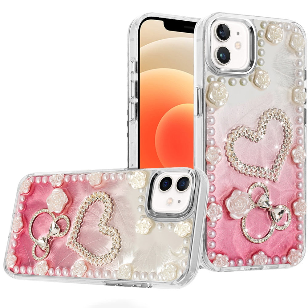 For iPhone 12, 12 Pro Case Floral Faux Pearl Trim w/ 3D Charms + Tempered Glass