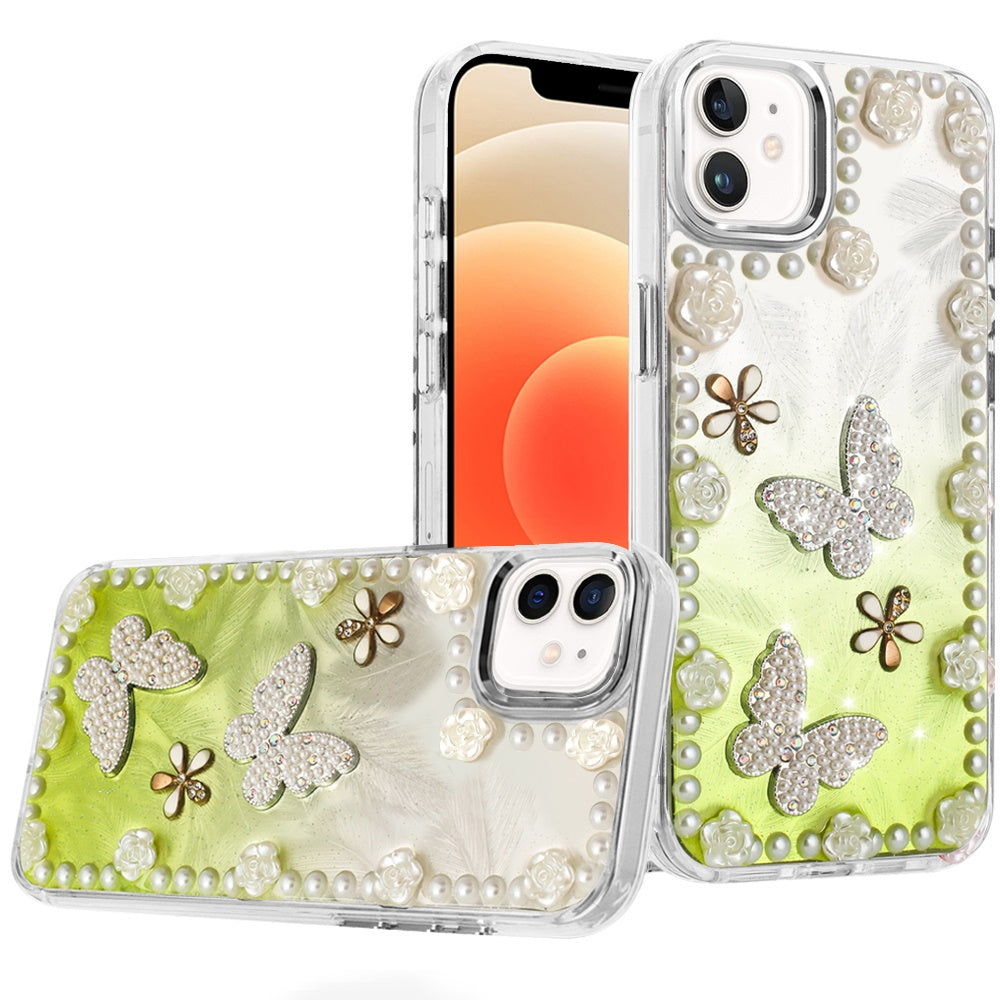 For iPhone 12, 12 Pro Case Floral Faux Pearl Trim w/ 3D Charms + Tempered Glass