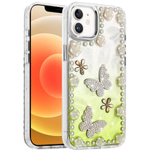 For iPhone 12, 12 Pro Case Floral Faux Pearl Trim w/ 3D Charms + Tempered Glass