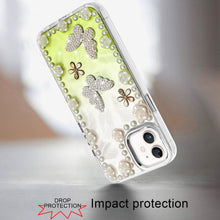 For iPhone 12, 12 Pro Case Floral Faux Pearl Trim w/ 3D Charms + Tempered Glass