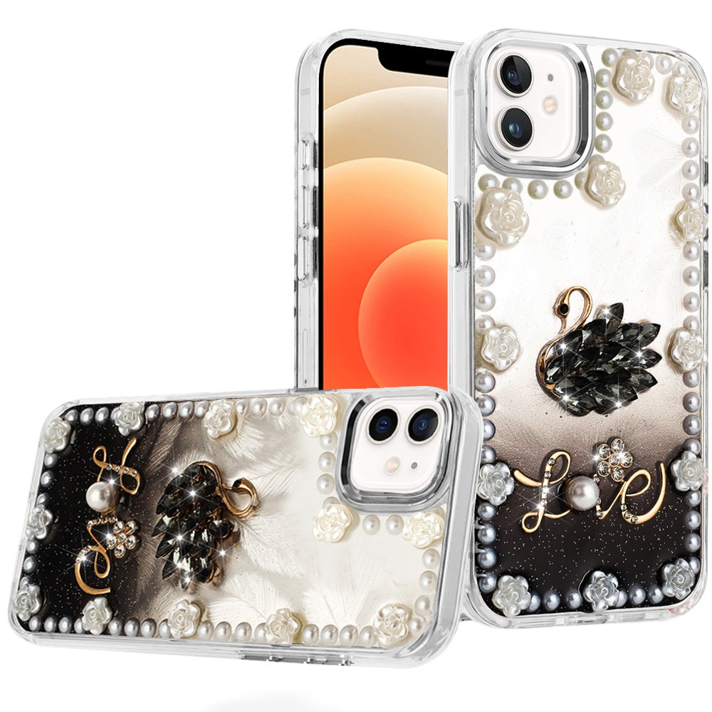 For iPhone 12, 12 Pro Case Floral Faux Pearl Trim w/ 3D Charms + Tempered Glass