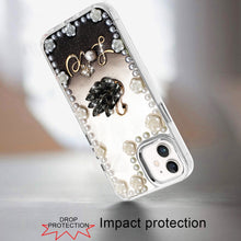 For iPhone 12, 12 Pro Case Floral Faux Pearl Trim w/ 3D Charms + Tempered Glass