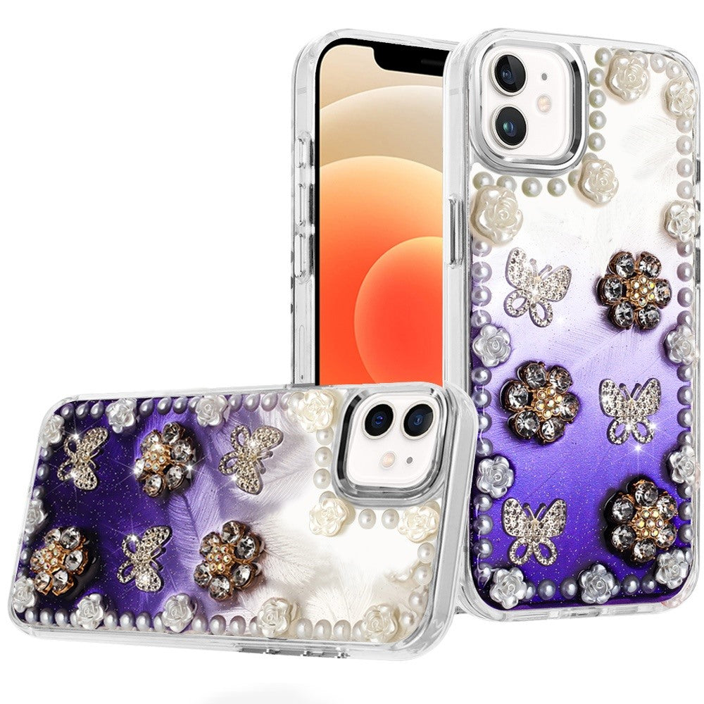 For iPhone 12, 12 Pro Case Floral Faux Pearl Trim w/ 3D Charms + Tempered Glass