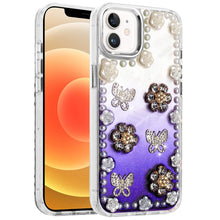 For iPhone 12, 12 Pro Case Floral Faux Pearl Trim w/ 3D Charms + Tempered Glass