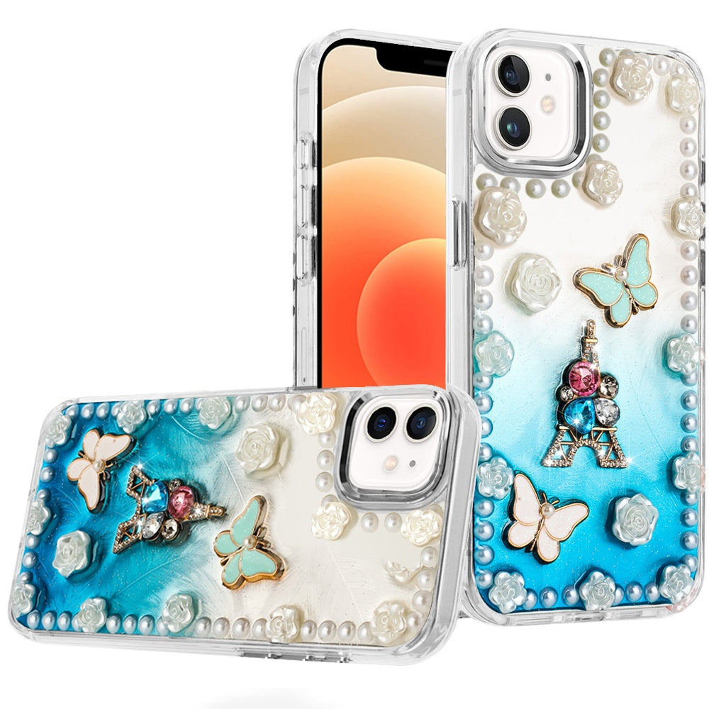 For iPhone 12, 12 Pro Case Floral Faux Pearl Trim w/ 3D Charms + Tempered Glass