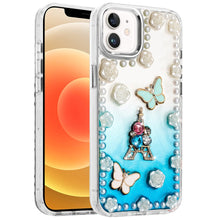 For iPhone 12, 12 Pro Case Floral Faux Pearl Trim w/ 3D Charms + Tempered Glass