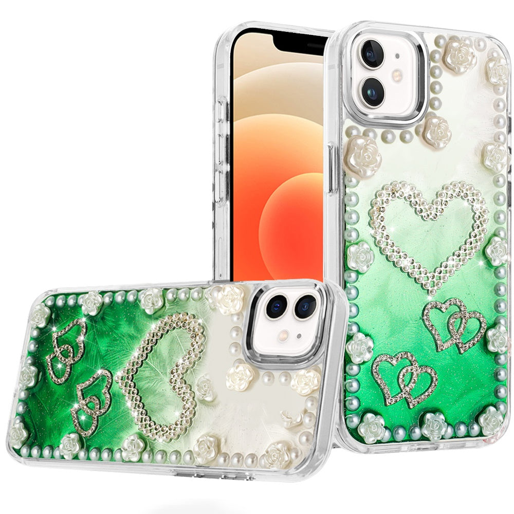 For iPhone 12, 12 Pro Case Floral Faux Pearl Trim w/ 3D Charms + Tempered Glass