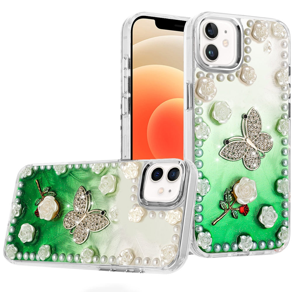 For iPhone 12, 12 Pro Case Floral Faux Pearl Trim w/ 3D Charms + Tempered Glass