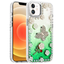 For iPhone 12, 12 Pro Case Floral Faux Pearl Trim w/ 3D Charms + Tempered Glass