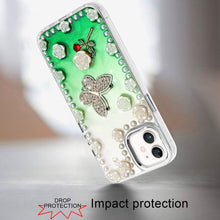 For iPhone 12, 12 Pro Case Floral Faux Pearl Trim w/ 3D Charms + Tempered Glass