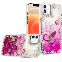 For iPhone 12, 12 Pro Case Floral Faux Pearl Trim w/ 3D Charms + Tempered Glass