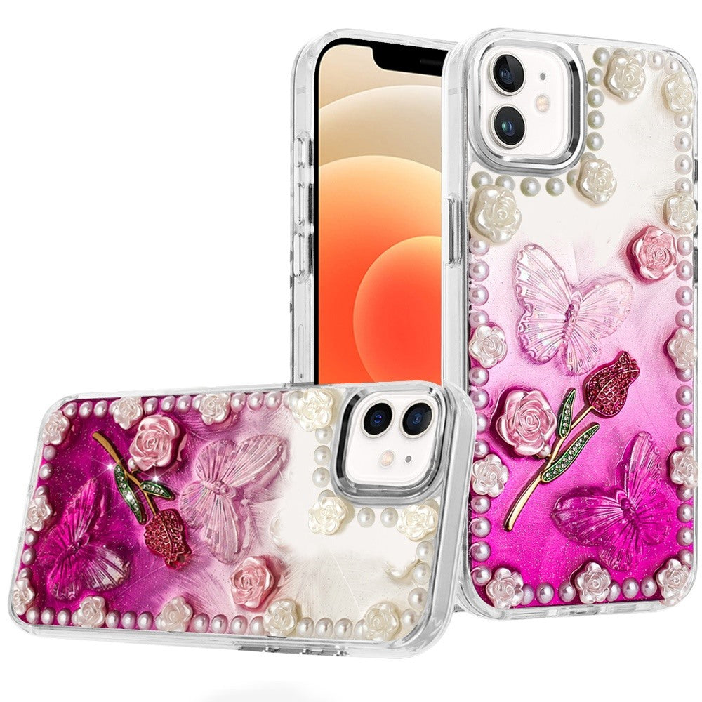 For iPhone 12, 12 Pro Case Floral Faux Pearl Trim w/ 3D Charms + Tempered Glass