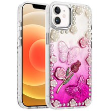 For iPhone 12, 12 Pro Case Floral Faux Pearl Trim w/ 3D Charms + Tempered Glass