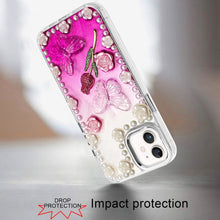 For iPhone 12, 12 Pro Case Floral Faux Pearl Trim w/ 3D Charms + Tempered Glass
