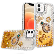 For iPhone 12, 12 Pro Case Floral Faux Pearl Trim w/ 3D Charms + Tempered Glass
