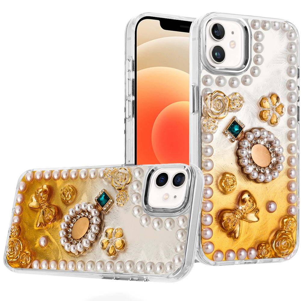 For iPhone 12, 12 Pro Case Floral Faux Pearl Trim w/ 3D Charms + Tempered Glass