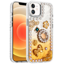 For iPhone 12, 12 Pro Case Floral Faux Pearl Trim w/ 3D Charms + Tempered Glass