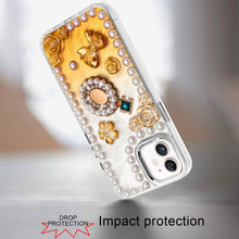 For iPhone 12, 12 Pro Case Floral Faux Pearl Trim w/ 3D Charms + Tempered Glass