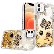 For iPhone 12, 12 Pro Case Floral Faux Pearl Trim w/ 3D Charms + Tempered Glass