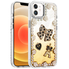 For iPhone 12, 12 Pro Case Floral Faux Pearl Trim w/ 3D Charms + Tempered Glass