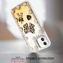For iPhone 12, 12 Pro Case Floral Faux Pearl Trim w/ 3D Charms + Tempered Glass
