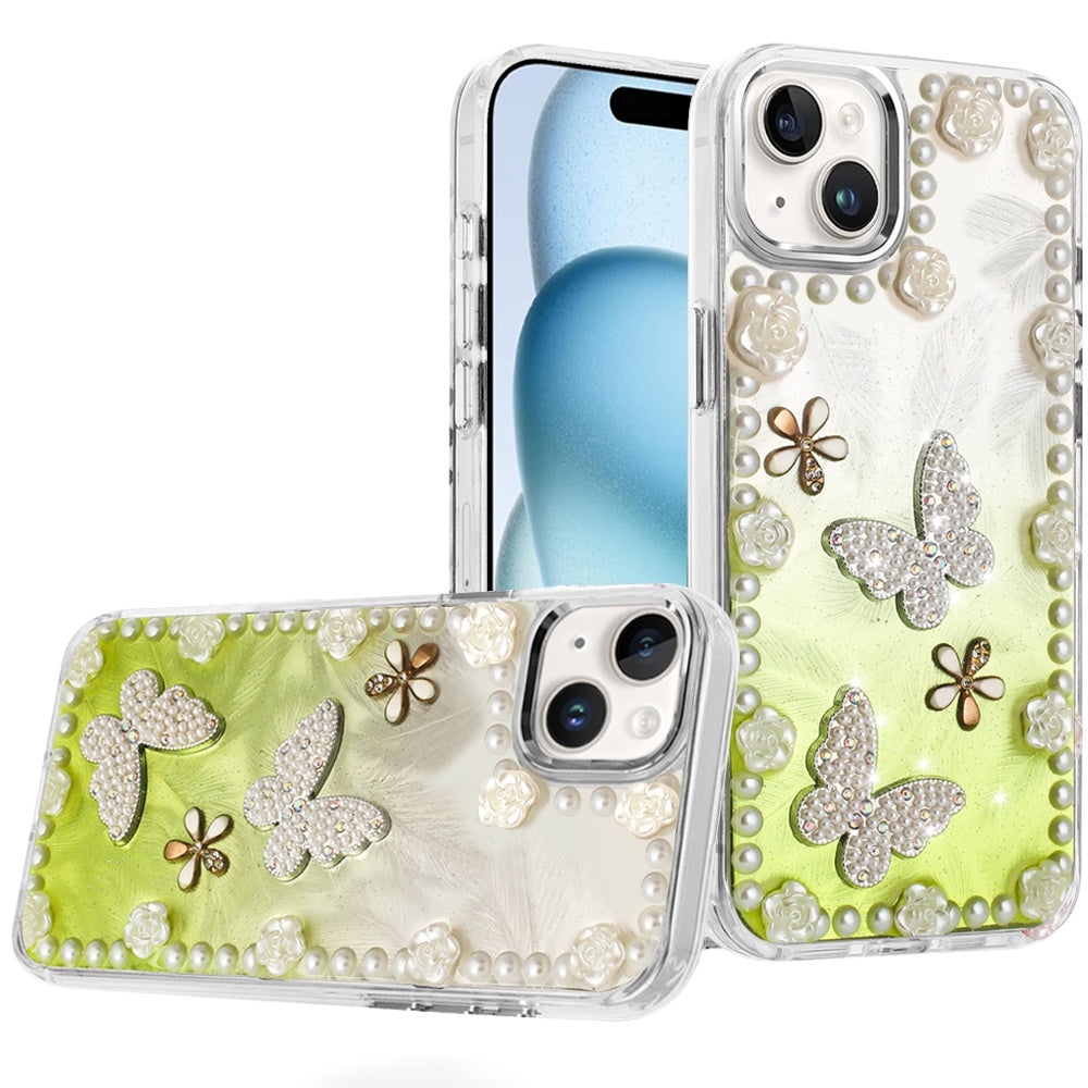 For iPhone 15 Case Floral and Faux Pearl Trim w/ 3D Charms + 2 Tempered Glass