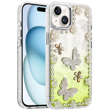 For iPhone 15 Case Floral and Faux Pearl Trim w/ 3D Charms + 2 Tempered Glass