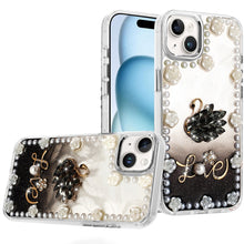 For iPhone 15 Case Floral and Faux Pearl Trim w/ 3D Charms + 2 Tempered Glass
