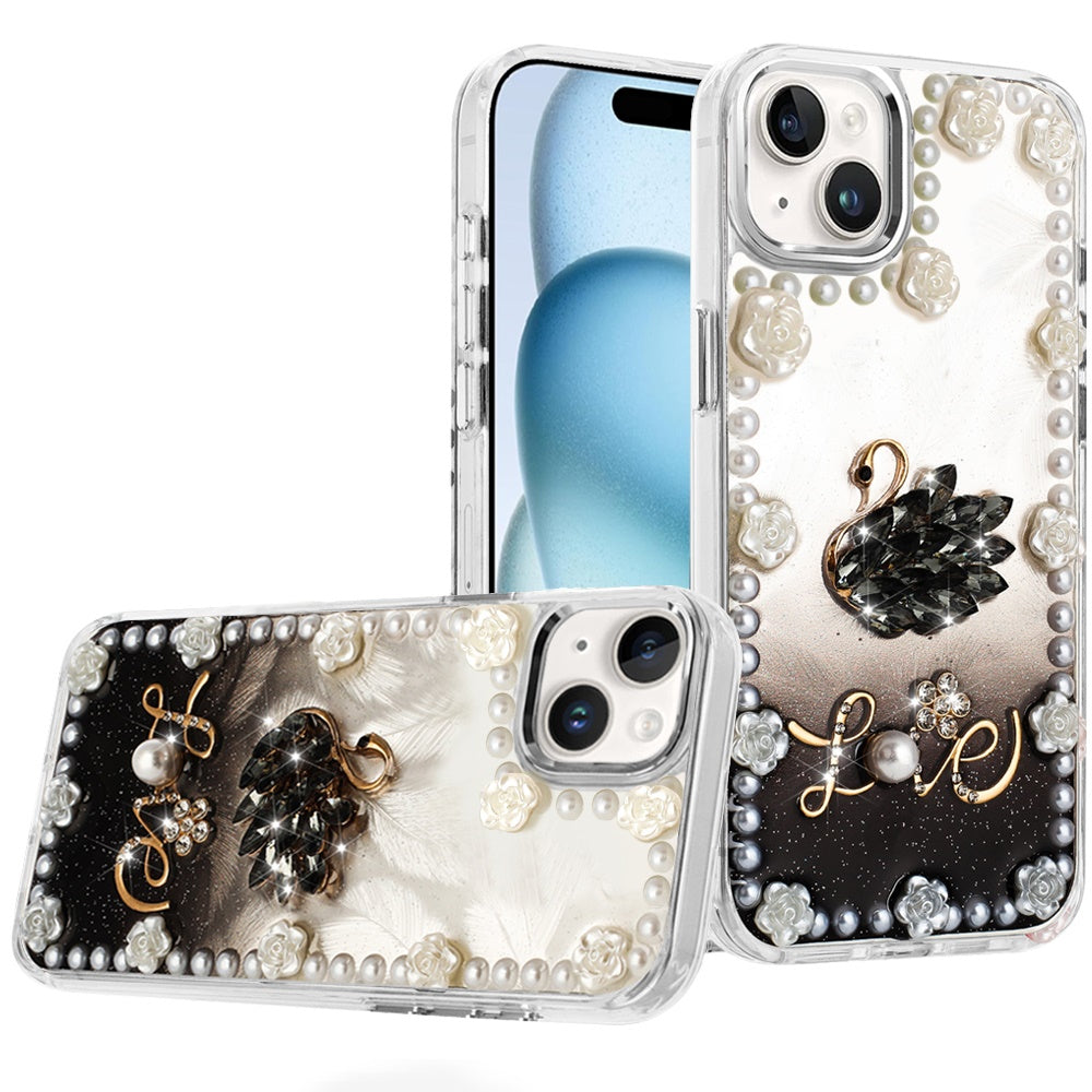 For iPhone 15 Case Floral and Faux Pearl Trim w/ 3D Charms + 2 Tempered Glass